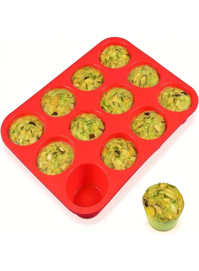 Bright Red 12 Cup Silicone Muffin Pan Nonstick BPA Free Cupcake Mold Baking Tool - Image 1